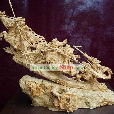 Chinese Hand Carved Sculpture-Three Heroes Fighting with Lu Bu