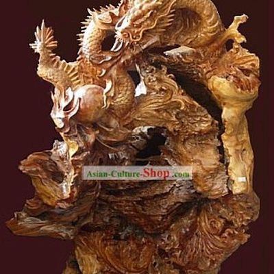 Chinese Hand Carved Wood Sculpture-Double Lucky Dragons Playing Balls