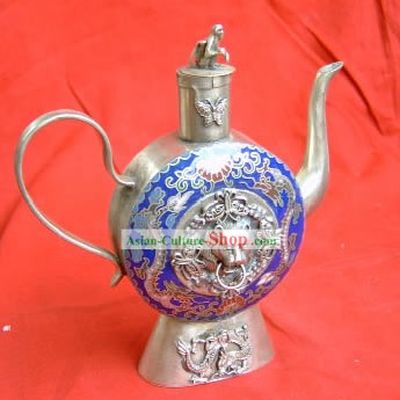 Chinese Palace Silver Cloisonne Lion King Head Kettle