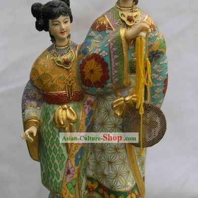 Chinese Palace Empress and Servant Cloisonne Statue
