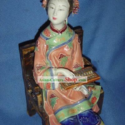 Chinese Vivid Ceramics Statue-Qing Dynasty Woman Doing Accounts
