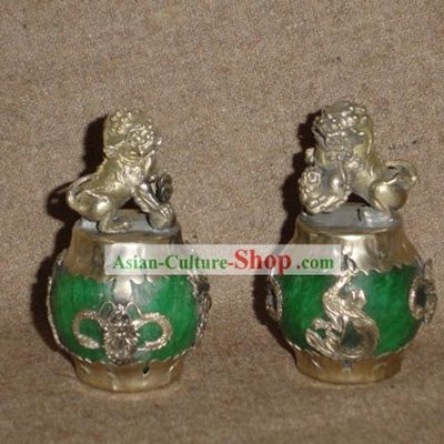 Jade Porcelain Lion Statue Carved with Dragons
