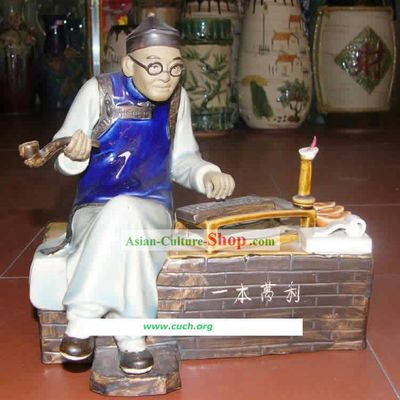 Hand Made Shi Wan Ceramics Statue-Ancient Landowner Doing Accounts