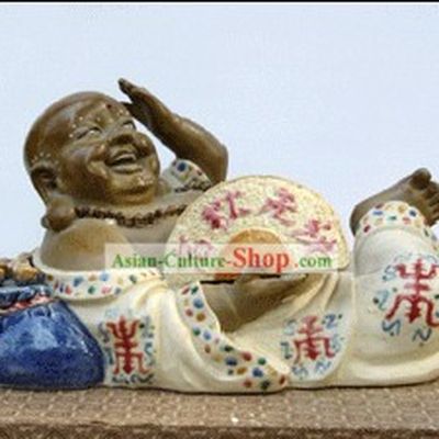 Hand Made Foshan Shi Wan Artistic Ceramics Statue-Happy Monk