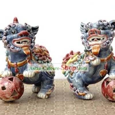 Hand Made Shi Wan Artistic Ceramics Statue-Dancing Lion Pair