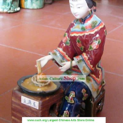 Hand Made Shi Wan Ceramics Statue-Palace Woman Cooking Dishes