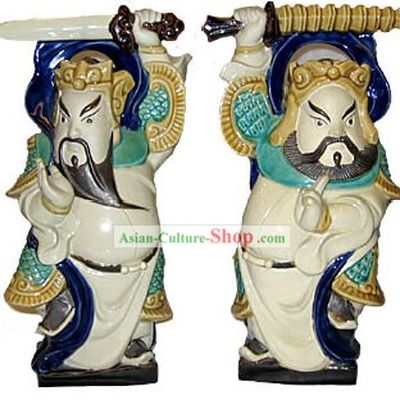 Chinese Hand Made Shi Wan Ceramics-Door God Pair