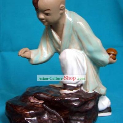 Chinese Hand Made Shi Wan Ceramics-Child Catching Cricket