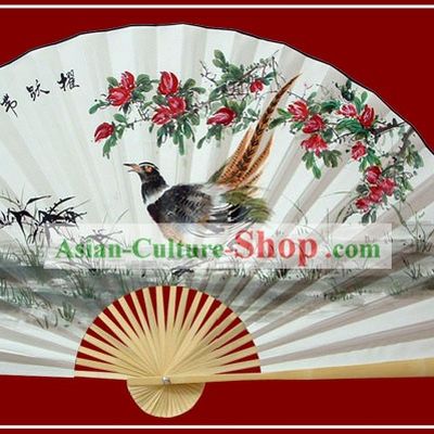 Chinese Hand Painted Large Decoration Fan by Zhao Qiaofa-Brave Sparrow Spirit