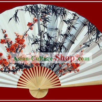 Chinese Hand Painted Large Decoration Fan by Zhao Qiaofa-Plum and Bamboo Love