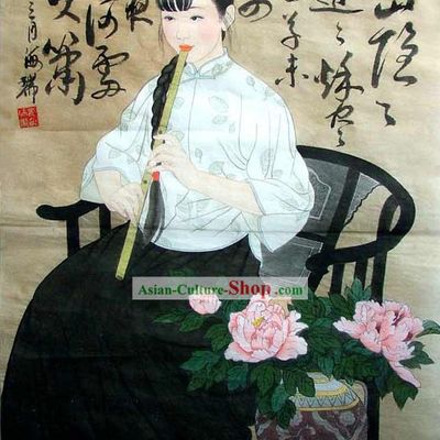 Chinese Traditional Painting-Beauty Playing Flute