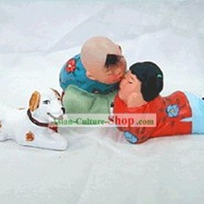 Chinese Hand Made Clay Statue-Youth Kiss