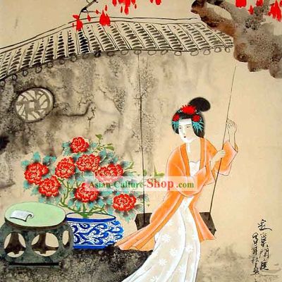 Chinese Traditional Wash Painting-Ancient Palace Beauty Playing The Swing