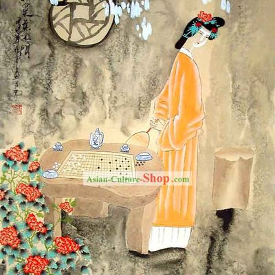 Chinese Traditional Wash Painting-Wise Beauty Playing The Chess