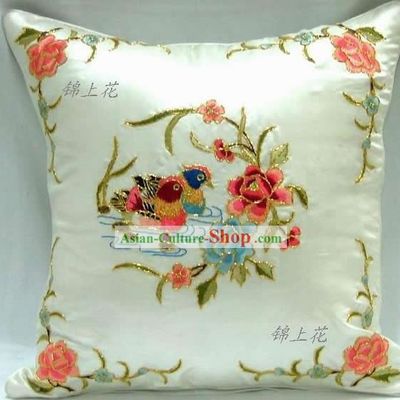 Hand Made Embroidery Mandarin Duck Love Silk Cushion