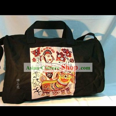 Large Hand Made Hero Riding Tiger Battik Flax Bag
