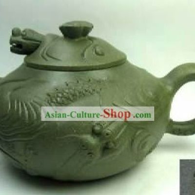 Chinese Hand Made Green Clay Teapot-Fish and Dragon
