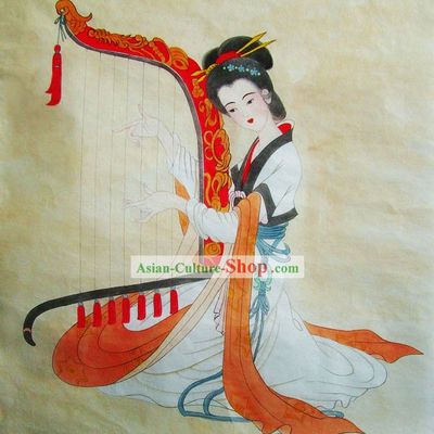 Chinese Traditional Painting-Ancient Palace Harp Playing Beauty