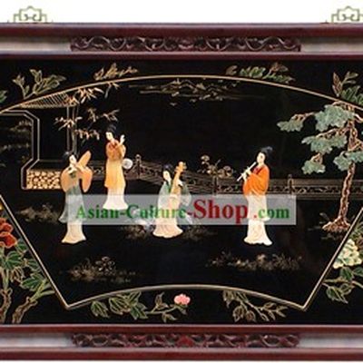 Chinese Palace Hanging Lacquer Ware Large Mirror Fan-Ancient Beautiful Musician