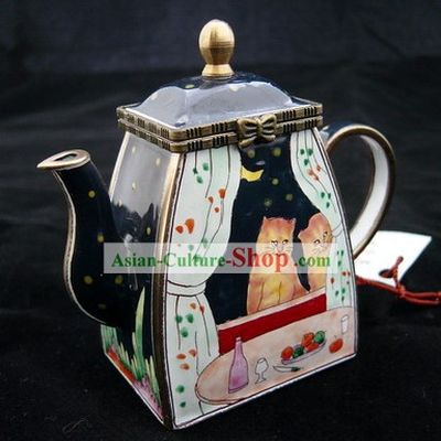 Chinese Hand Painted Enamel Colorful Pot-Lovely Cat Couple
