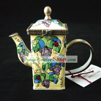 Chinese Hand Painted Enamel Kettle-Ladybird Beetle on Grape Branches and Leaves