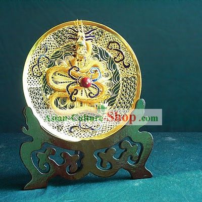 Chinese Gold Brass Cloisonne Dragon Plate