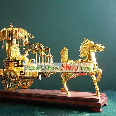 Chinese Stunning Gold Brass Cloisonne Ancient Princess and Carriage Statue
