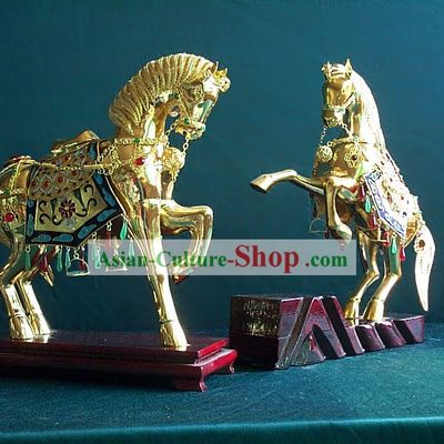 Chinese Gold Brass Cloisonne Horse Pair