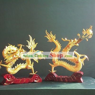Chinese Gold Brass Cloisonne Lucky Dragon Pair