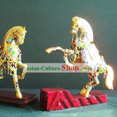 Chinese Classic Gold Brass Cloisonne Horse Pair
