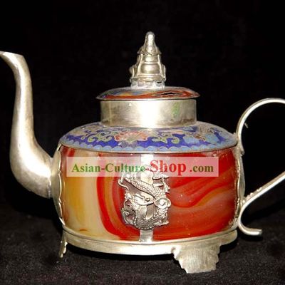 Rare Chinese Chicken Blood Jade Silver and Cloisonne Flagon
