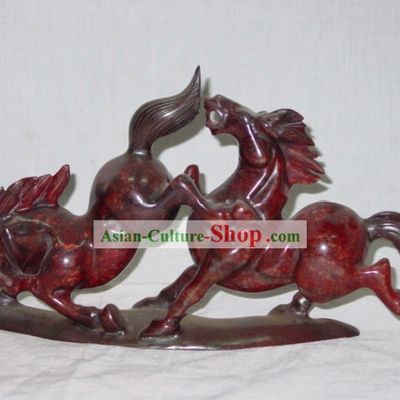Chinese Rare Chicken Blood Jade Horse Couple Sculpture