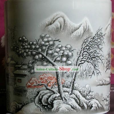 Chinese Large Jingde Town Ceramics Landscape Snow Scape Brush Pot
