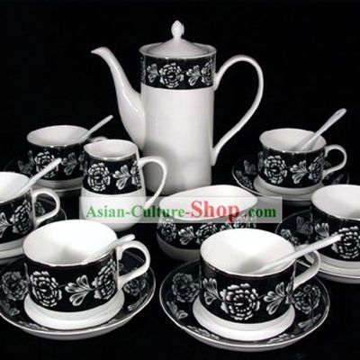 Chinese Jingde Jade Porcelain Black Rose Coffee Set