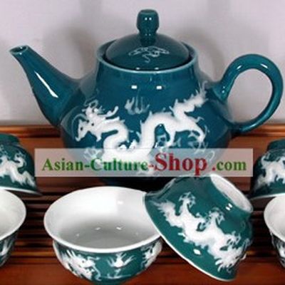 Chinese Jingde Basso Relievo Porcelain Double Draongs Playing Ball Tea Set