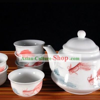 China Jingde Porcelain Hand Painted Goldfish Kungfu Tea Set