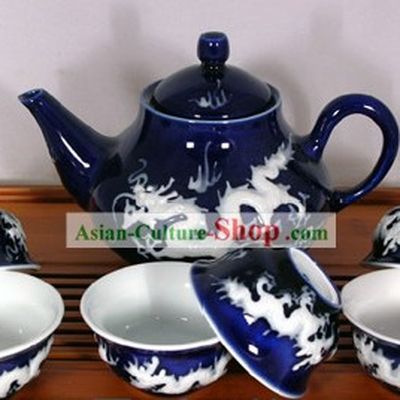 China Jingde Basso Relievo Porcelain Double Draongs Playing Ball Tea Set