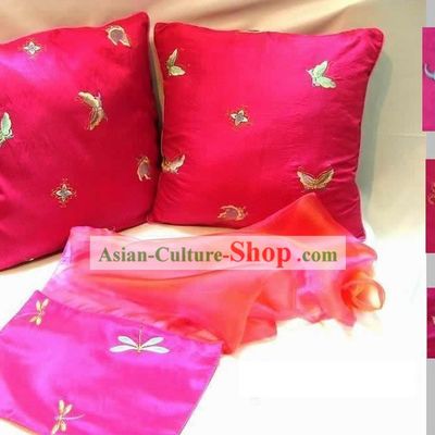 Chinese Hand Embroidery Butterfly Cushion and Table Runner Set
