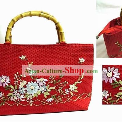 Chinese Hand Embroidery Rectangle Bamboo Handle Bag for Woman