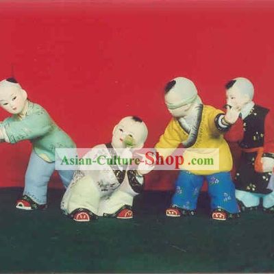 Hand Painted Sculpture Arts of Clay Figurine Zhang-Ancient Kids Playing