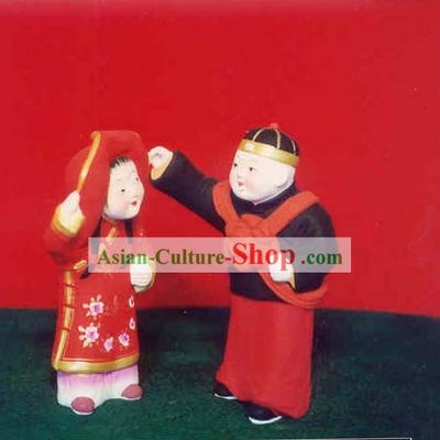 Chinese Hand Painted Sculpture Art of Clay Figurine Zhang-Getting Married Bride and Bridegroom