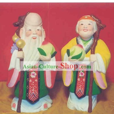 Chinese Hand Painted Sculpture Art of Clay Figurine Zhang-Healthy and Happy Old Couple