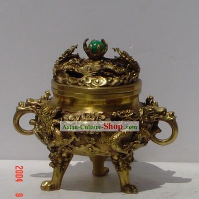 Chinese Classic Brass Statue-Ancient Palace Nine Dragons Censer