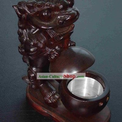 Chinese Classic Hand Carved Lion Playing Ball Wood Ashtray