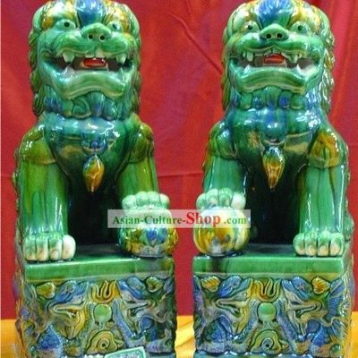 Chinese Stunning Green Folk Lion Pair