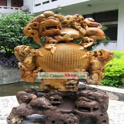 Chinese Stunning Hand Carved Craft-Seven Lions Playing Ball