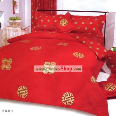 China Classic Red Double Happiness Six Pieces Bed Set