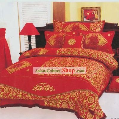 Chinese Classic Double Happiness Seven Pieces Bed Set