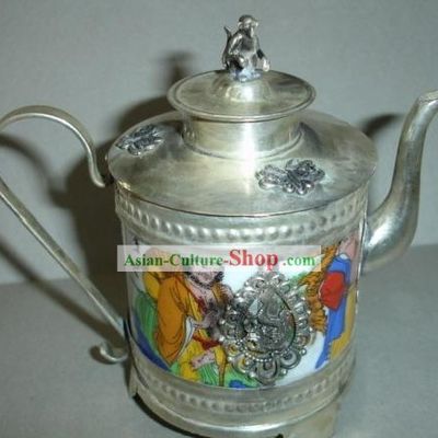 Chinese Tang Dynasty People Silver and Jade Kettle