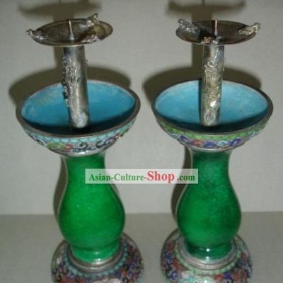 A Pair of Chinese Ancient Palace Green Jade Cloisonne Candleholder